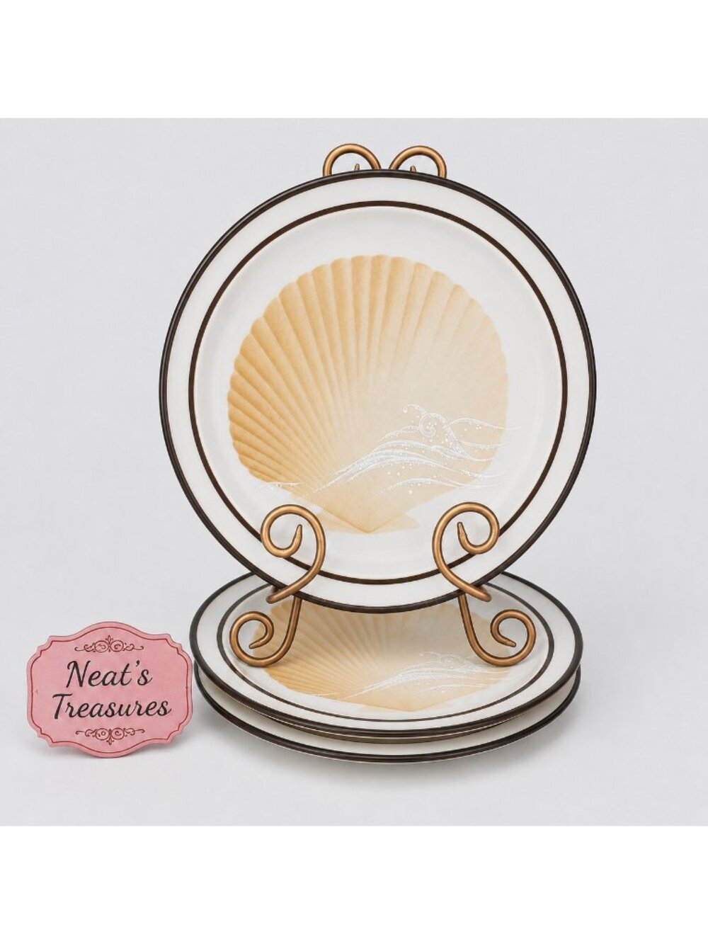 80's Noritake SEAVIEW 8978  Primastone Seashells Stoneware Dinner Plate Set 3